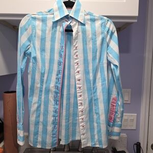 Fior Da Liso Blue and White Striped Ladies Button Down Shirt